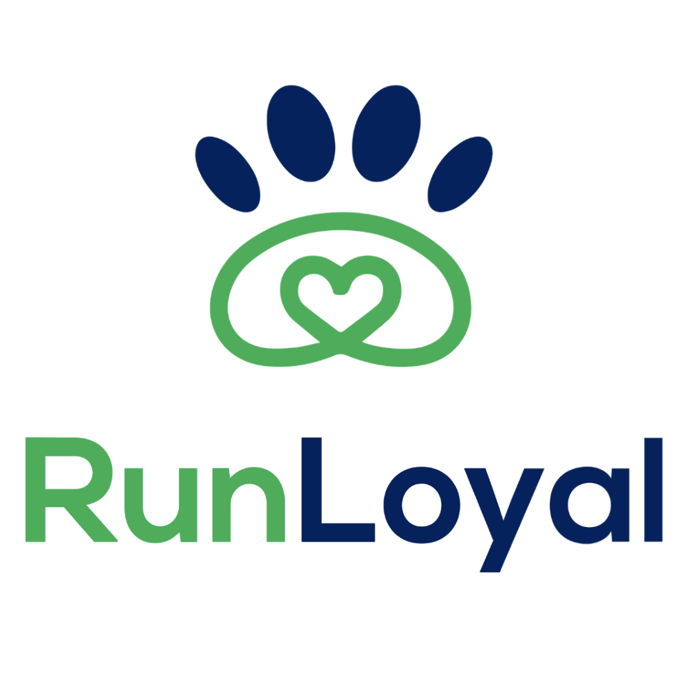 Logo with a green stylized heart loop and blue paw print above "RunLoyal" in green and blue text, perfect for adding a unique touch to your site's footer or integrating seamlessly with Elementor design elements.