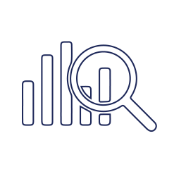 An icon showing a bar graph with a magnifying glass highlighting an exclamation mark, symbolizing the efficiency of grooming metrics.