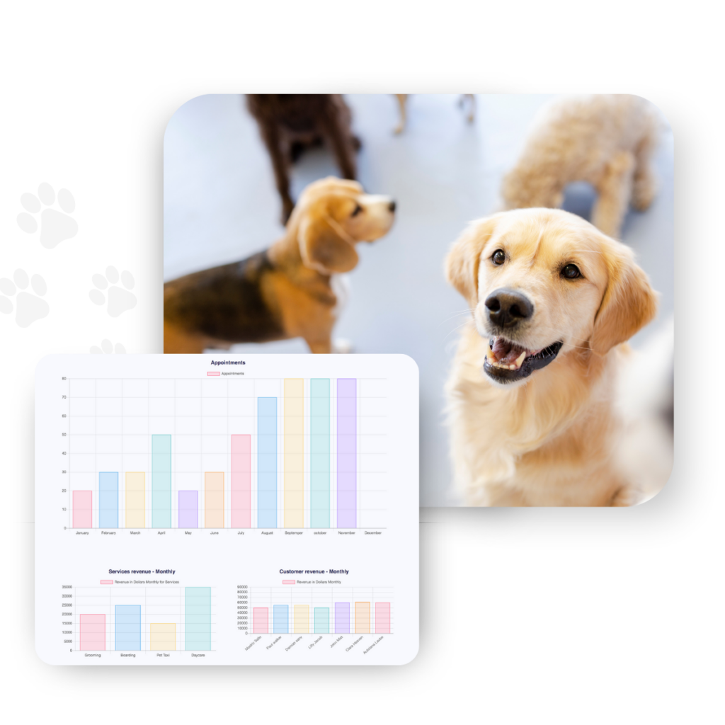 A group of dogs lounges indoors, with a spotlight on a golden retriever. Overlaid are charts from RunLoyal displaying revenue metrics, transforming this homey scene into a fusion of warmth and innovation.