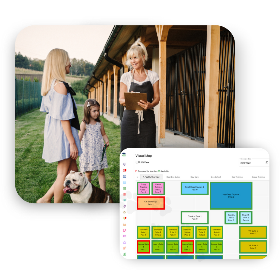 Two women, a child, and their loyal dog gather outside near a building. Beside them, a digital visual map with colorful sections unfolds.