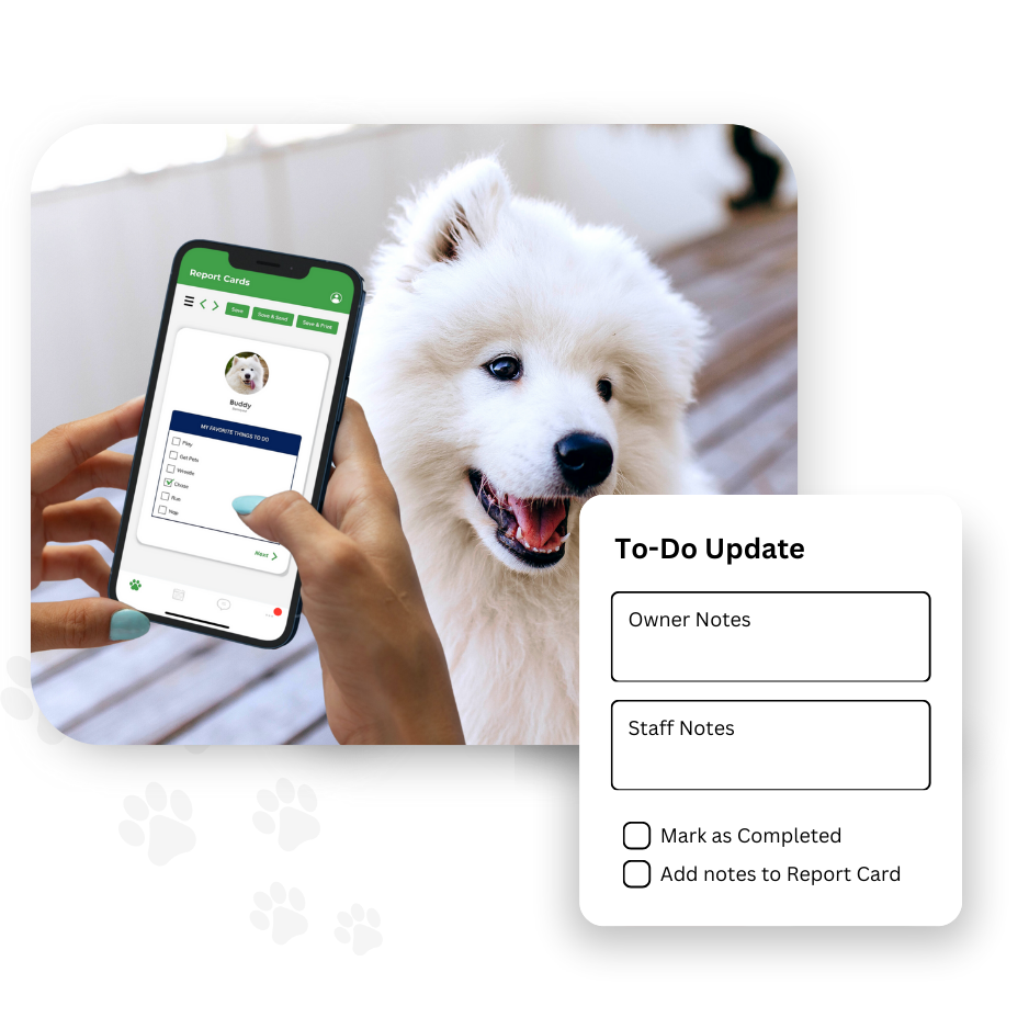 Person holds a smartphone displaying a pet's report card next to a fluffy white dog, using the RunLoyal app. A to-do list update with options for owner notes, staff notes, and marking completion is visible, keeping things organized at home or on the go.