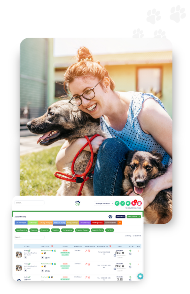 A woman with two dogs, one on a leash, smiles outside her cozy home. Below is a screenshot of the RunLoyal animal care management software interface, showcasing its intuitive features in version 2.