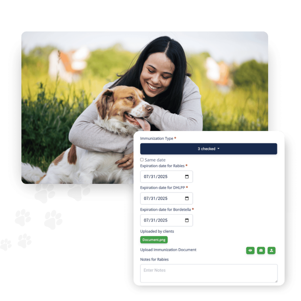 A woman sits on the grass, hugging her dog. An overlay displays a digital form with immunization details and upload options, seamlessly integrated into RunLoyal's Dog Business Software, perfect for managing boarding, daycare, grooming, and more.