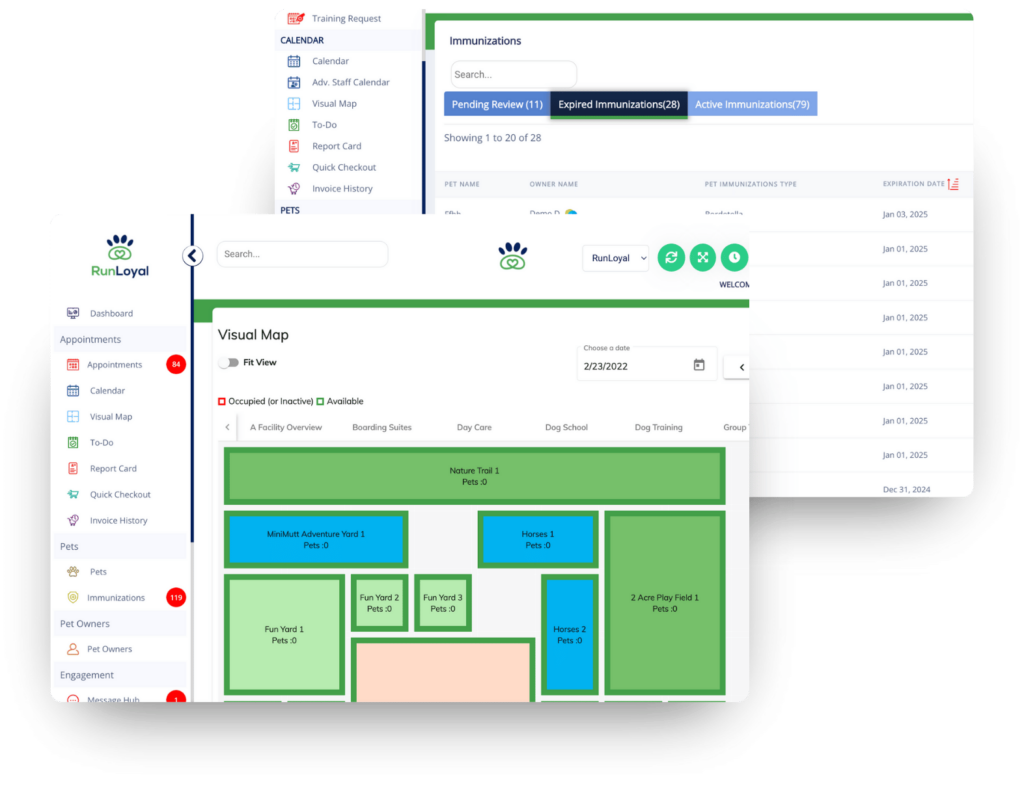 Screenshot of an all-in-one dog boarding software interface displaying a pet management system with a dashboard, calendar, and visual map of pet areas. It features appointments, immunizations, and pet owner information for streamlined organization.